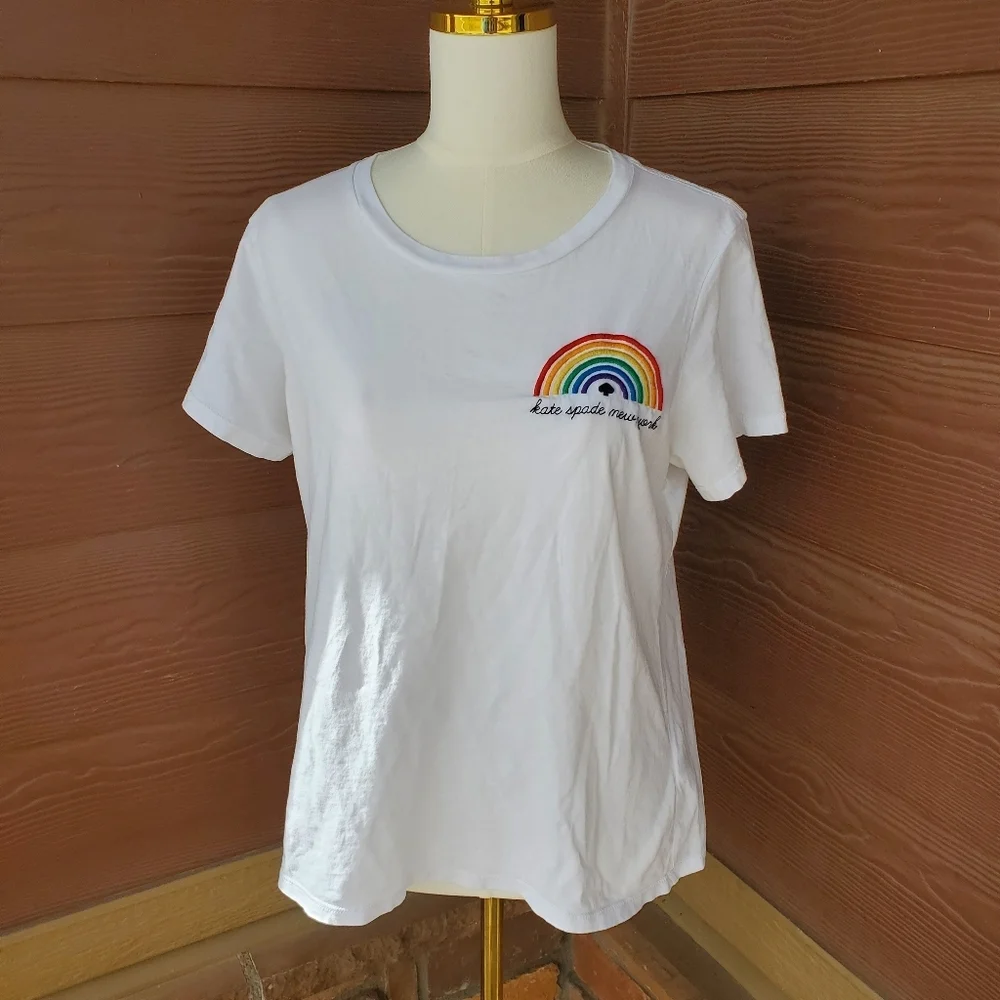 kate spade white rainbow embroidered women's short sleeve top size xl euc